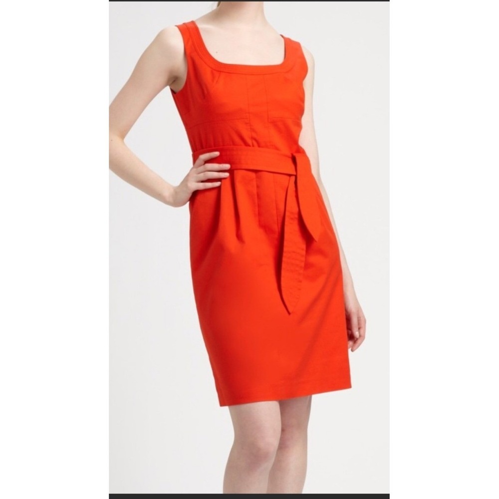 Tory Burch Orange Red Cotton Belted Sheath Dress Square Neck Pockets